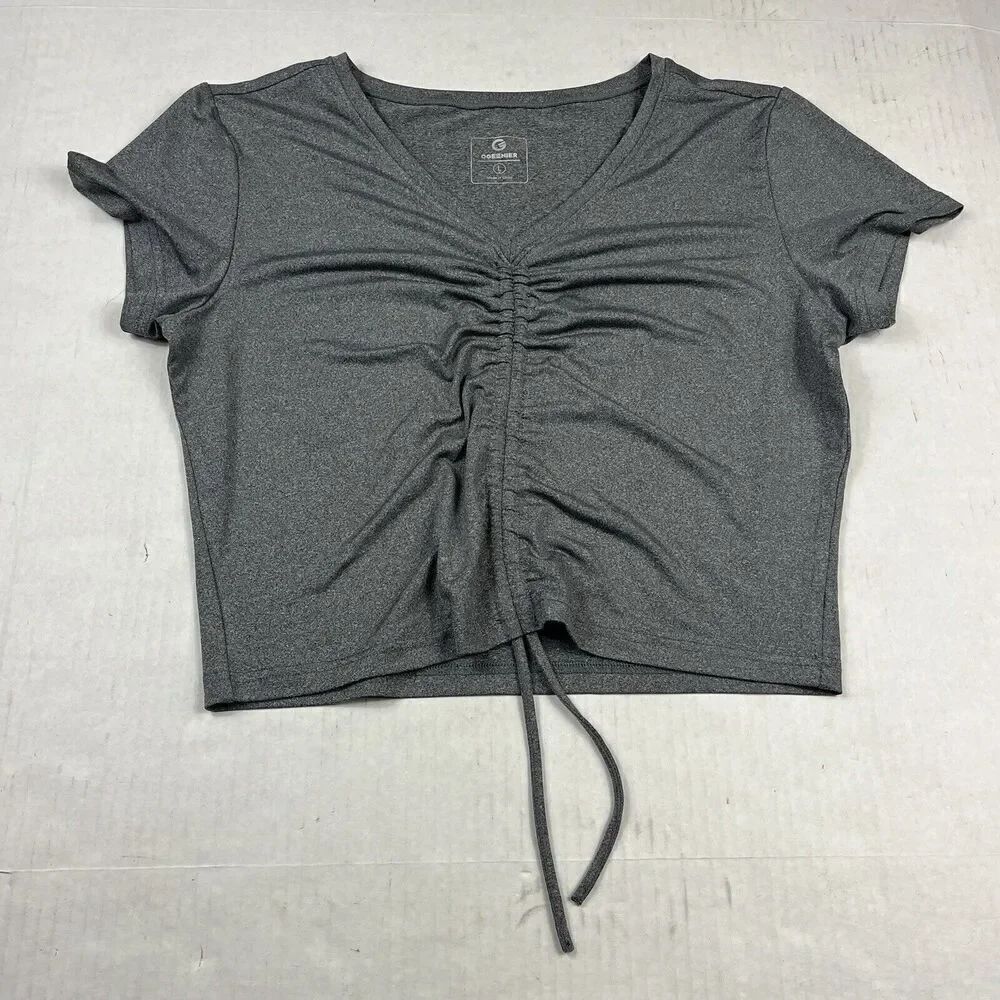 Ogeenier  Womens Performance Cropped Top Gray V-Neck Short Sleeve Stretch LARGE